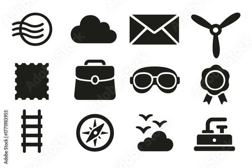Retro Air Mail Icons. Solid style icons of Retro Air Mail: Postmark, Cloud, Air Mail Envelope, Propeller, Stamp, Mailbag, Pilot