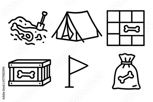 Paleontology Fieldwork Icons. Line style icons of paleontology fieldwork: excavation site, tent, dig grid, storage crate, marker