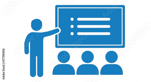 A business presenter gesturing towards a board with an audience silhouette