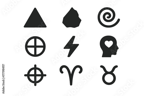 Zodiac Element Icons. Solid style icons of zodiac and elements: Fire Triangle, Water Drop, Earth Rock, Air Spiral, Element Wheel,