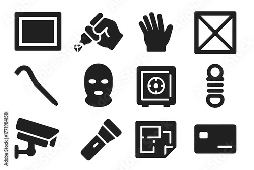 Art Heist Icons. Solid style icons of Art Theft Scene: Empty Frame, Diamond Cutter, Gloved Hand, Laser Grid, Crowbar, Mask, Vault,