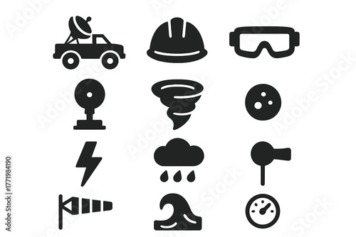 Extreme Weather Icons. Solid style icons of Extreme Weather Response: Storm Chaser Truck, Safety Helmet, Storm Goggles, Doppler