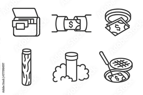 Hidden Cache Icons. Line style icons of Hidden Cache Techniques: Velcro mount, fake pipe, magnet plate, bark camo wrap, PVC tube