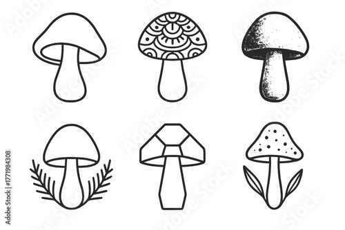 Fungi Icon Designs. Line style icons of Fungi-Inspired Art: abstract mushroom shape, decorative cap pattern, mushroom print stamp,