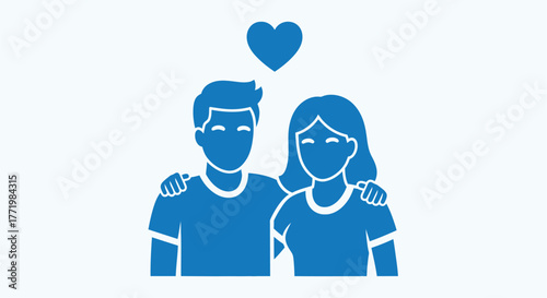 Couple embracing with a heart above simplistic blue design silhouette