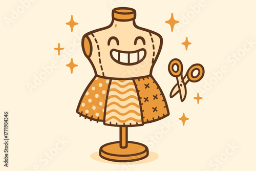 Cheerful Mannequin Art. Cute doodle vector artwork of a cheerful mannequin with a big grin, decorated with doodle fabrics, tiny