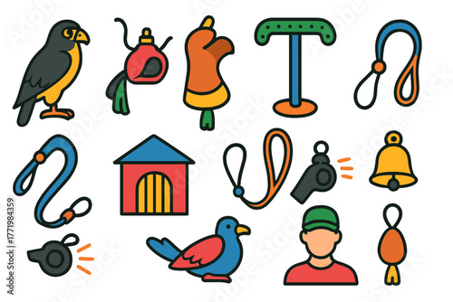 Falconry Equipment Icons. Flat vector icons of Falcon Care: falcon, hood, glove, perch, mews, jess, tether, bell, whistle, prey,