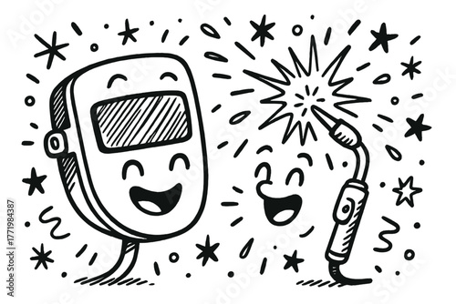 Joyful Welding Conversation. Playful doodle vector scene of a welding mask and torch chatting joyfully while doodle sparks and