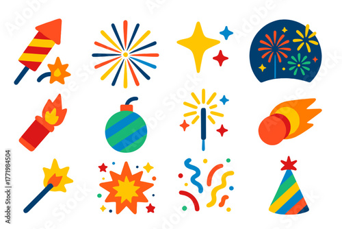 Firework Celebration Icons. Flat vector icons of Firework Celebration: rocket, burst, sparkle, night sky, flare, aerial shell,