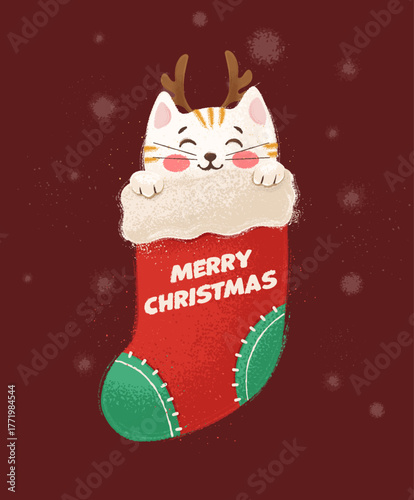 cat in the Christmas stocking vintage illustration