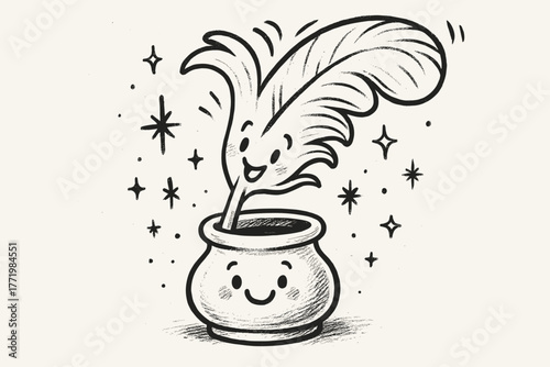 Playful Quill Scene. Smiling quill with a playful feather, dipping into a cheerful inkwell surrounded by tiny doodle stars