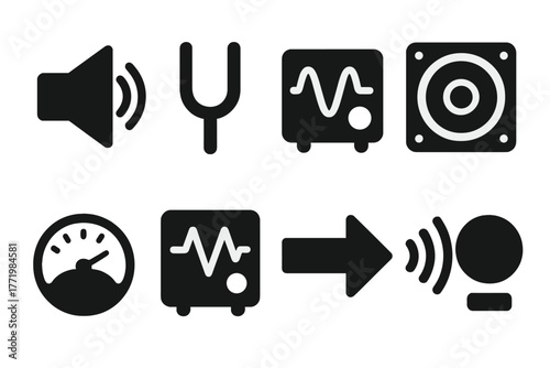 Sound Tool Icons. Solid style icons of sound transmission tools: Speaker Cone, Tuning Fork, Audio Oscillator, Subwoofer Symbol,