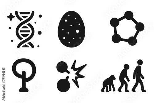 Life Origins Icons. Solid style icons of life origin theory visuals: DNA Double Helix in Space, Cosmic Egg, First Cell Icon,