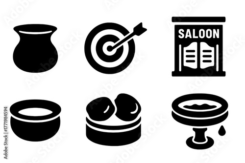 Antique Saloon Icons. Solid style icons of Antique Saloon Decor: Tobacco Spittoon, Brass, Aim, Chewing Tobacco, Saloon, Rim,