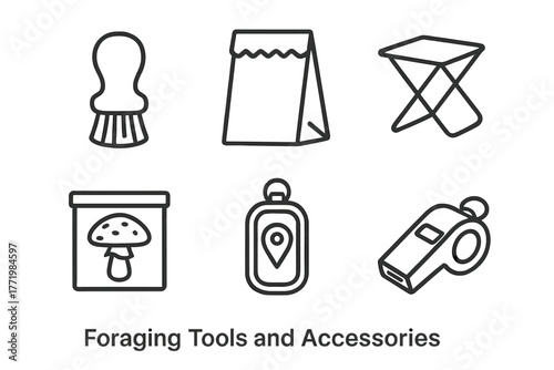 Foraging Tool Icons. Line style icons of Foraging Tools and Accessories: mushroom brush, wax paper bag, folding stool, specimen