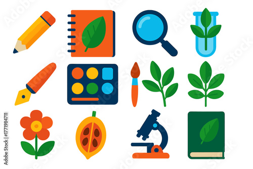 Botanical Illustration Icons. Flat vector icons of Botanical Illustration: pencil, sketchbook, magnifying glass, specimen, ink pen
