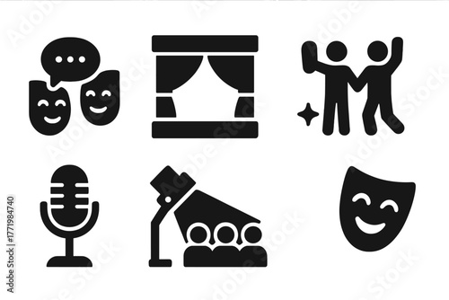 Interactive Theater Icons. Solid style icons of Interactive Theater: "Yes, And...", Stage, Partner, Spontaneity, Microphone,