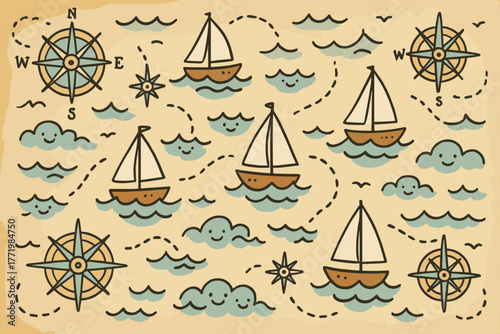 Whimsical Nautical Adventure. Friendly nautical map with doodle compasses, smiling waves, and tiny yachts sailing across