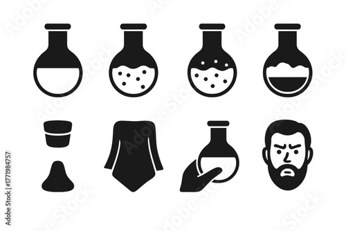 Historical Uroscopy Icons. Solid style icons of historical uroscopy practice: Yellow Tint, Red Hue, Cloudy Sample, Sediment Ring,