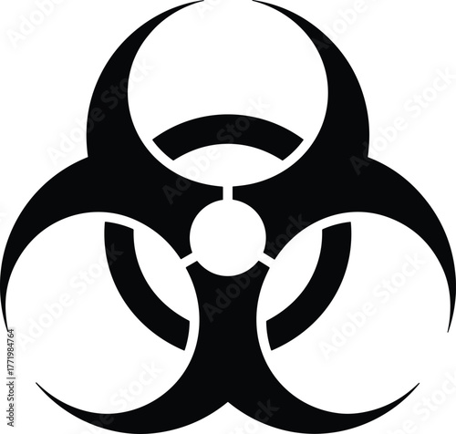 Biohazard symbol vector in black, universal warning icon for biological risk, medical safety signage, lab hazard design, industrial contamination alert