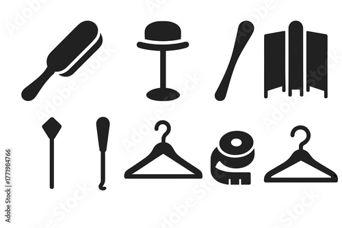 Gentleman's Dressing Tools. Solid style icons of gentleman’s dressing tools: Clothes Brush, Hat Stand, Shoehorn, Cravat Pin,