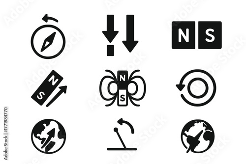 Magnetic Field Concepts. Solid style icons of magnetic field reversal concepts: Flipping Compass Needle, Reversed Polarity Arrows,