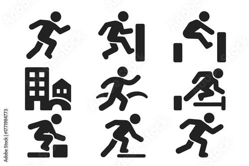 Urban Parkour Icons. Solid style icons of Athletic Urban Exploration: Parkour, Wall Run, Precision Jump, Urban Environment, Flow,