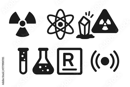 Radioactive Icons Collection. Solid style icons of radioactive material symbolism: Radiation Symbol, Atomic Icon, Glowing Crystal,