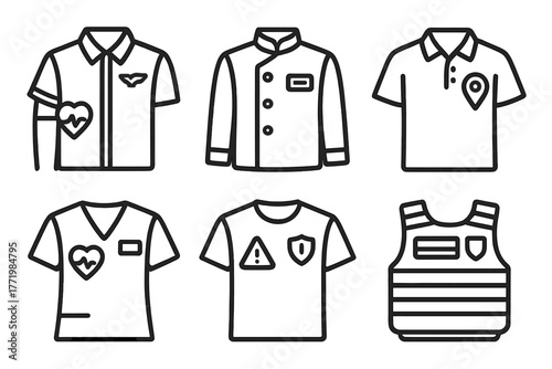 Smart Uniform Icons. Line style icons of Smart Uniforms: airline crew shirt with pulse reader, hotel concierge badge display,