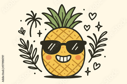 Cheerful Pineapple Vibes. Cute doodle vector artwork of a cheerful pineapple with sunglasses grinning, surrounded by doodle palm