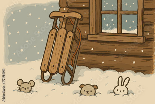 Playful Snow Creatures. Adorable sled leaning against the cabin, little doodle animals peeking out from the snow