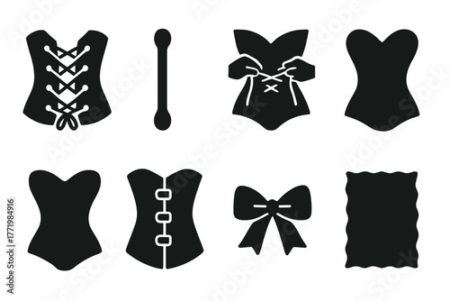 Antique Corset Icons. Solid style icons of Antique Corset: Laces, Bone, Tightening, Silhouette, Waist, Hook, Ribbon, Fabric, No