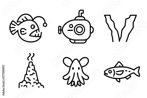 Deep-Sea Iconography. Line style icons of deep-sea diving: anglerfish, submersible, abyss trench, thermal vent, dumbo octopus,