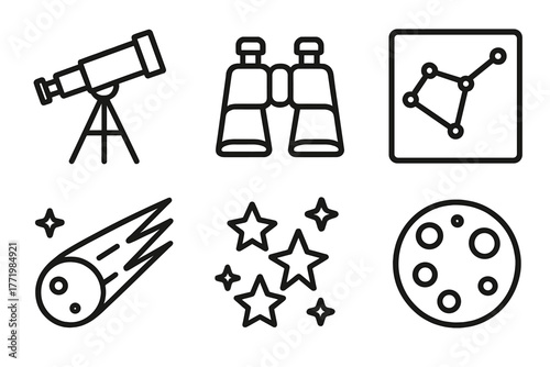 Celestial Observation Icons. Line style icons of celestial observation: telescope, binoculars, constellation map, comet, star