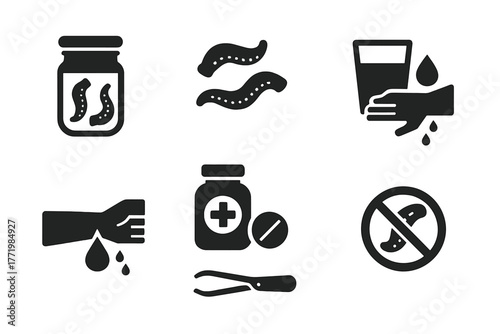 Historical Medical Icons. Solid style icons of Historical Medical Practices: Leech Jar, Leeches, Glass, Bloodletting, Medicine,