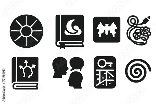 Depth Psychology Icons. Solid style icons of depth psychology tools: Archetype Wheel, Dream Journal, Inkblot Card, Thought Thread,