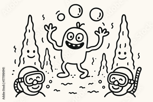 Creature Juggling Doodles. Funny doodle vector composition of an unknown creature juggling doodle bubbles while stalagmites and