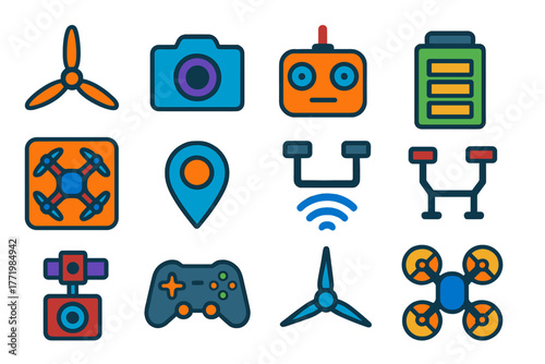 Modern Drone Icons. Flat vector icons of Drone: propeller, camera, remote, aerial view, battery, landing gear, GPS, controller,