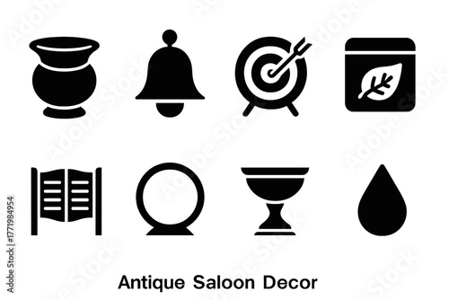 Antique Saloon Icons. Solid style icons of Antique Saloon Decor: Tobacco Spittoon, Brass, Aim, Chewing Tobacco, Saloon, Rim,