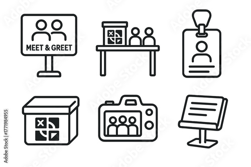 Geocaching Event Gear Icons. Line style icons of Geocaching Event Gear: meet & greet sign, community cache table, name tag icon,