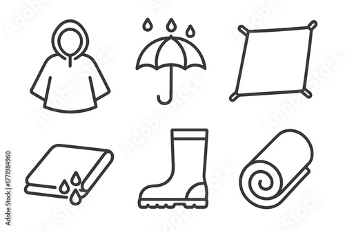 Light Rain Gear Icons. Line style icons of Light Rain Glamping Kit: poncho, umbrella, tarp sheet, waterproof mat, rain boot icon,