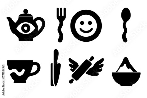 Surreal Kitchenware Icons. Solid style icons of Surreal Kitchenware: Teapot, Fork, Plate, Spoon, Cup, Knife, Rolling Pin, Bowl, No