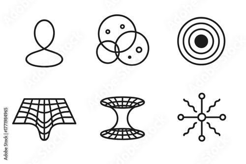 Physics Icon Collection. Line style icons of theoretical physics: string loop, multiverse bubble, black hole, space-time grid,