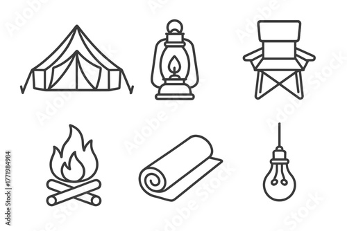Glamping Essentials Icons. Line style icons of Glamping Essentials Setup: luxury tent, portable lantern, folding chair, campfire