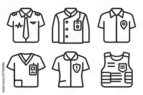 Smart Uniform Icons. Line style icons of Smart Uniforms: airline crew shirt with pulse reader, hotel concierge badge display,