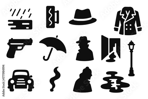 Retro Urban Icons. Solid style icons of Retro Urban Mystery: Rain-Slicked Street, Neon Sign, Fedora, Trench Coat, Pistol, Umbrella