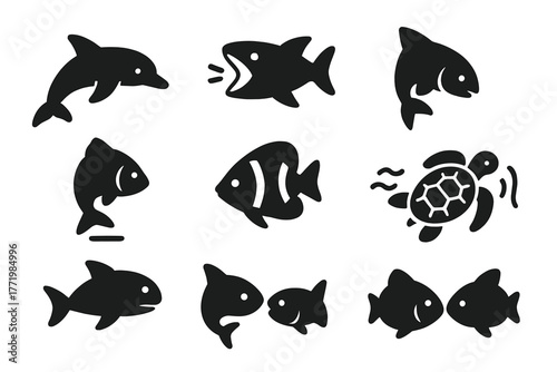 Marine Body Language Icons. Solid style icons of body language cues in marine life: Fin Flick, Mouth Open Signal, Body Tilt,