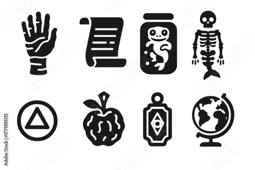 Historical Curiosity Icons. Solid style icons of historical oddities: Mummified Hand, Ancient Scroll, Pickled Creature, Mermaid