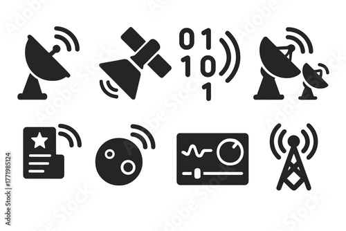 Interstellar Communication Icons. Solid style icons of interstellar communication: Satellite Dish, Signal Beam, Binary Pulse,