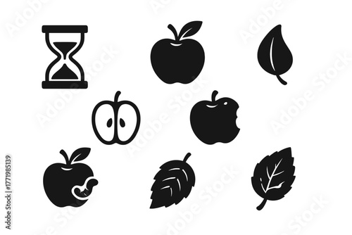 Fruit Symbolism Icons. Solid style icons of fruit symbolism in art: Time Passing Hourglass, Ripening Fruit, Fading Petal, Split